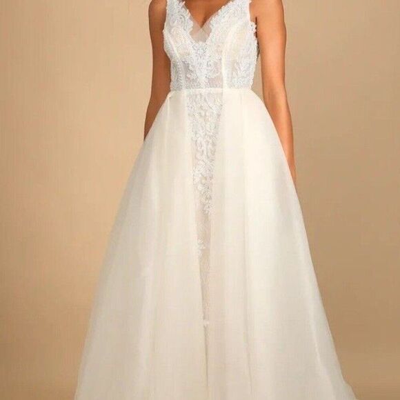 Lulu's Dress Wedding My Every Dream Cream Lace‎ Beaded Sleeveless Maxi Size 8